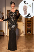 Load image into Gallery viewer, Queendancer Women Black Sequined Long 1920s Gatsby Dress with Accessories Set Fringed V-Neck Short Sleeves 1920s Evening Gown