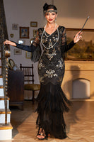 Load image into Gallery viewer, Black Sequined Fringed Long 1920s Gatsby Dress with Accessories Set