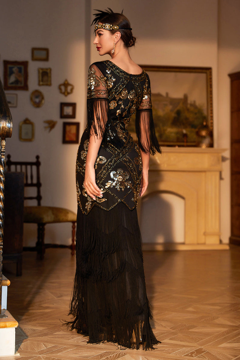 Load image into Gallery viewer, Black Sequined Fringed Long 1920s Gatsby Dress with Accessories Set