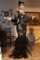 Load image into Gallery viewer, Black Sequined Fringed Long 1920s Gatsby Dress with Accessories Set