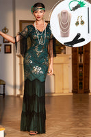 Load image into Gallery viewer, Dark Green Sequined Fringed Long 1920s Gatsby Dress with Accessories Set