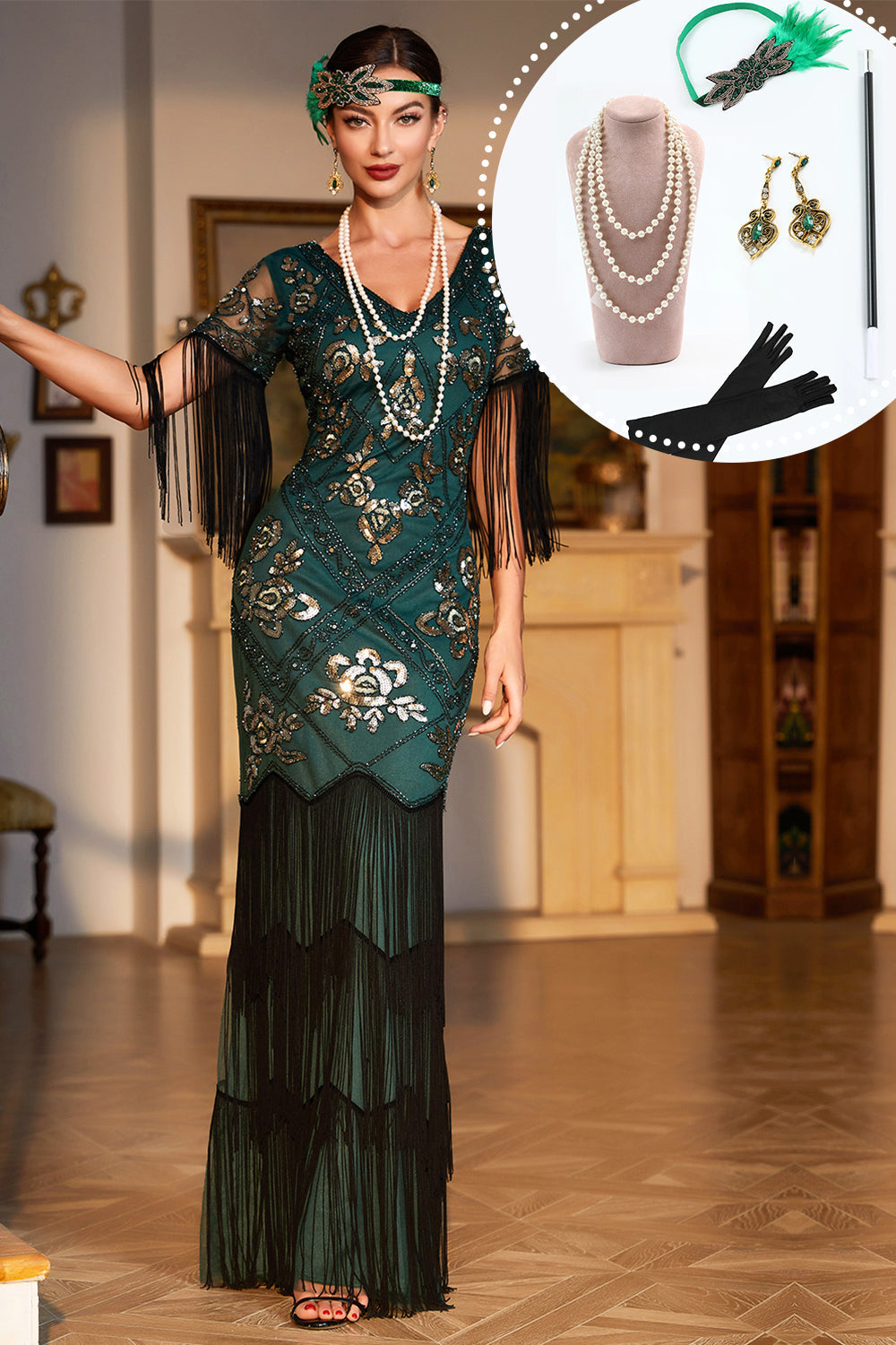 Dark Green Sequined Fringed Long 1920s Gatsby Dress with Accessories Set