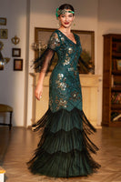 Load image into Gallery viewer, Dark Green Sequined Fringed Long 1920s Gatsby Dress with Accessories Set