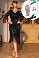 Load image into Gallery viewer, Dark Green Sequined Fringed Short Sleeves 1920s Gatsby Dress with Accessories Set