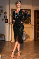 Load image into Gallery viewer, Dark Green Sequined Fringed Short Sleeves 1920s Gatsby Dress with Accessories Set