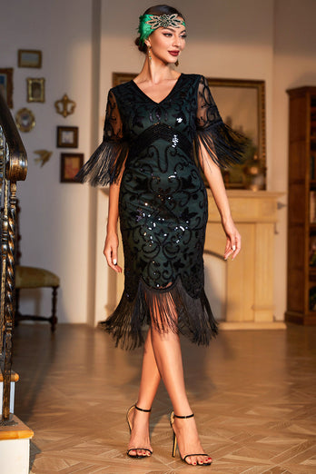 Dark Green Sequined Fringed Short Sleeves 1920s Gatsby Dress with Accessories Set