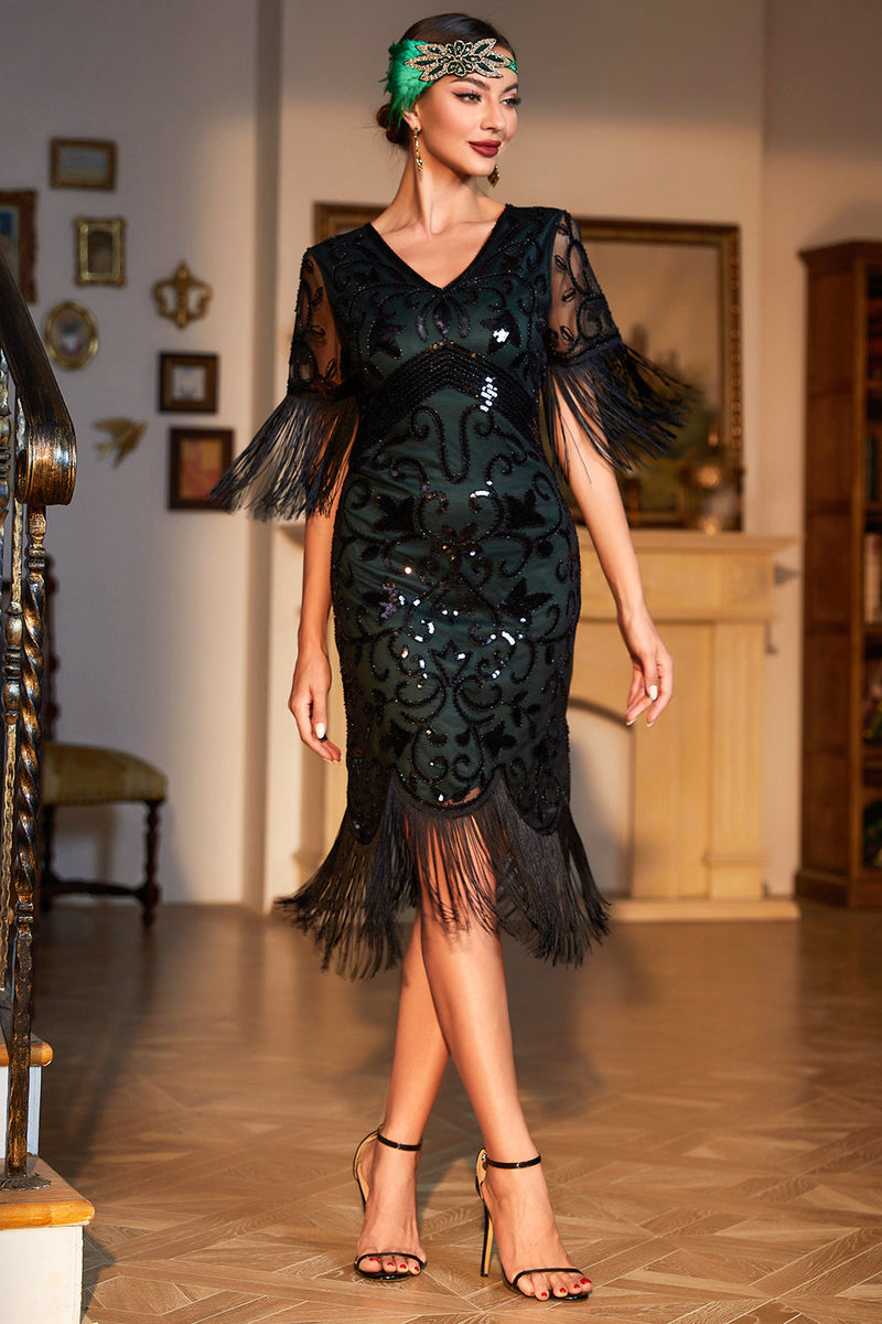Load image into Gallery viewer, Dark Green Sequined Fringed Short Sleeves 1920s Gatsby Dress with Accessories Set