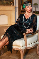Load image into Gallery viewer, Dark Green Sequined Fringed Short Sleeves 1920s Gatsby Dress with Accessories Set
