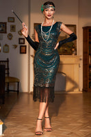Load image into Gallery viewer, Dark Green Sequined Fringed 1920s Gatsby Dress with Accessories Set