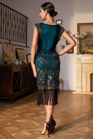 Load image into Gallery viewer, Dark Green Sequined Fringed 1920s Gatsby Dress with Accessories Set