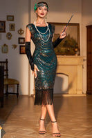 Load image into Gallery viewer, Dark Green Sequined Fringed 1920s Gatsby Dress with Accessories Set