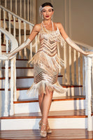 Load image into Gallery viewer, Champagne Sequined Fringed 1920s Gatsby Dress with Accessories Set