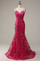 Load image into Gallery viewer, Hot Pink Sequins Print Mermaid Prom Dress