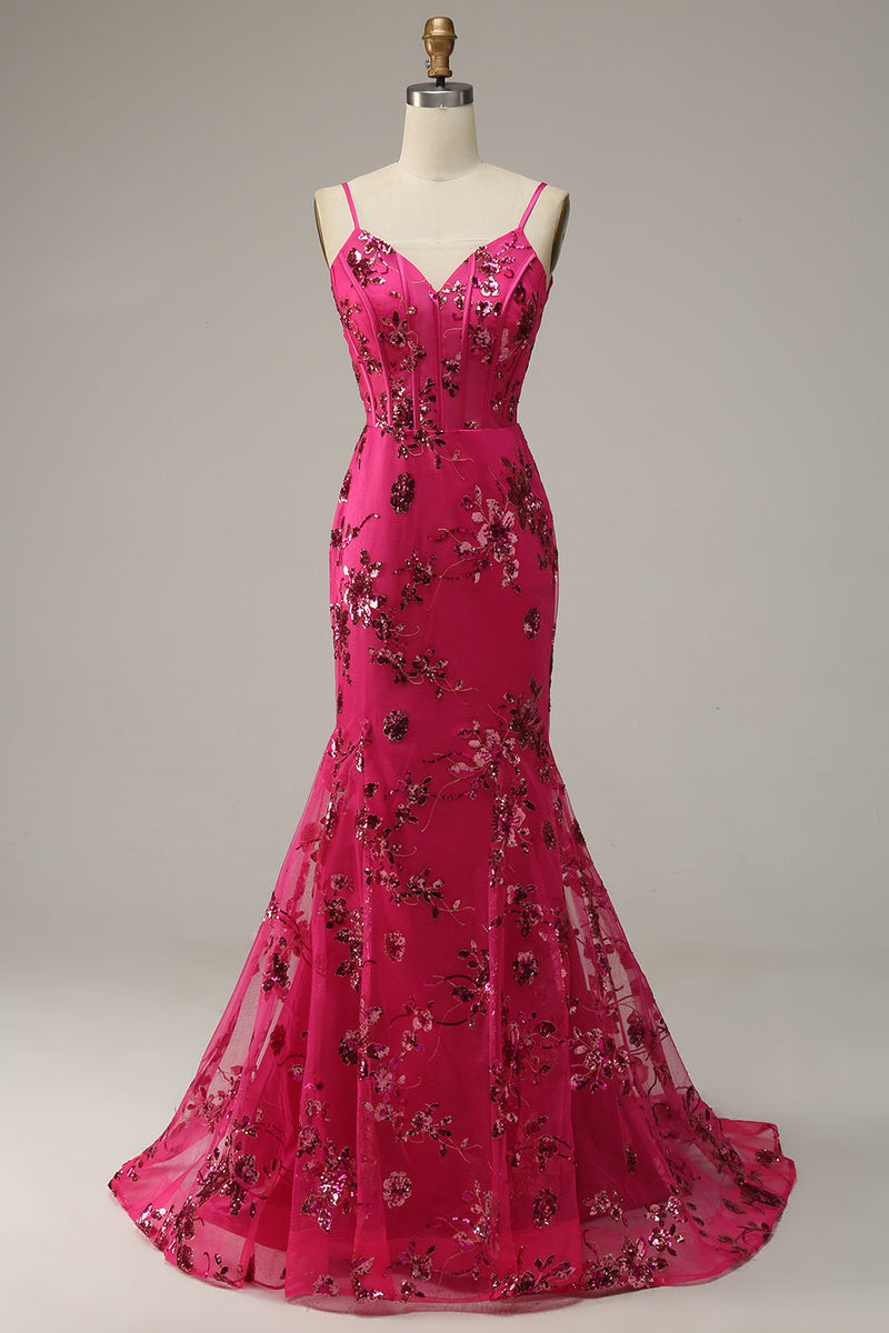 Load image into Gallery viewer, Hot Pink Sequins Print Mermaid Prom Dress