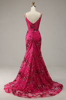 Load image into Gallery viewer, Hot Pink Sequins Print Mermaid Prom Dress