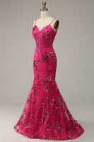 Load image into Gallery viewer, Hot Pink Sequins Print Mermaid Prom Dress