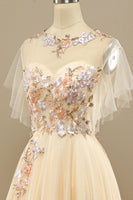 Load image into Gallery viewer, Yellow A Line Tulle Short Sleeves Long Prom Dress With Appliques