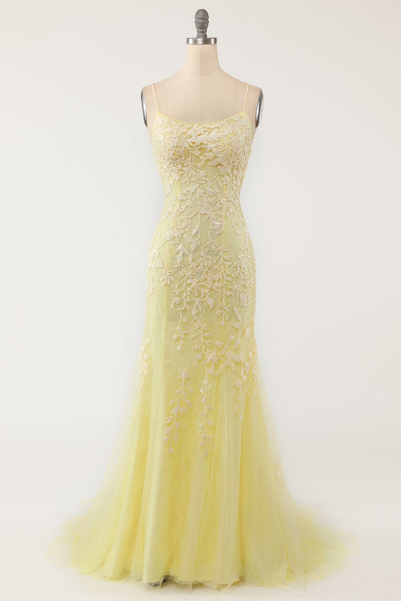 Load image into Gallery viewer, Blue Mermaid Tulle Backless Long Prom Dress with Lace