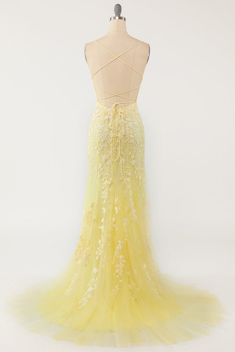 Load image into Gallery viewer, Blue Mermaid Tulle Backless Long Prom Dress with Lace