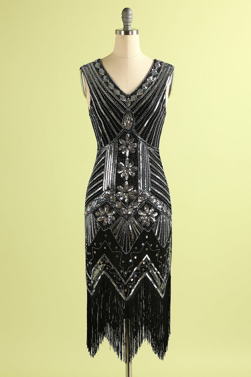 Load image into Gallery viewer, Queendancer Women Roaring 20s Black Silver 1920s Dress Sequin Flapper Gatsby Dress with Fringes