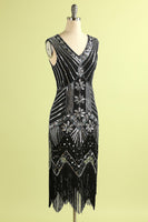 Load image into Gallery viewer, Sparkly Roaring 20s Black and Gold Sequin 1920s Flapper Dress