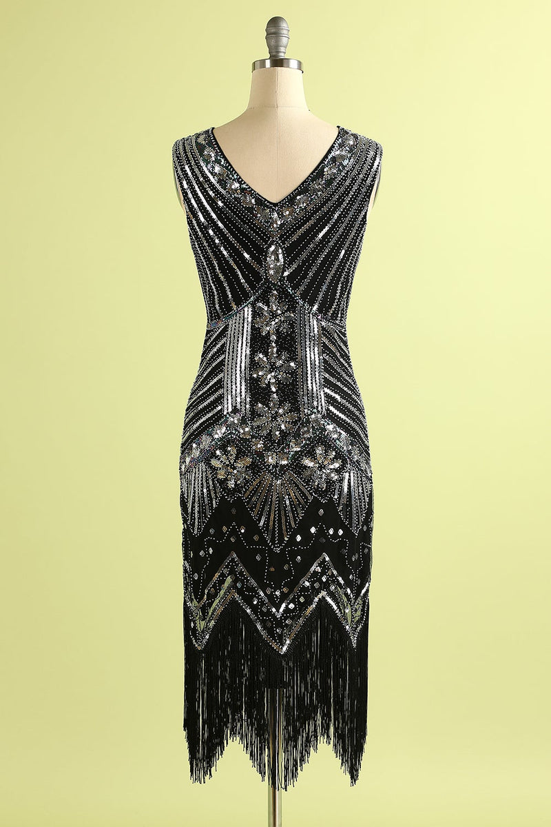 Load image into Gallery viewer, Sparkly Roaring 20s Black and Gold Sequin 1920s Flapper Dress