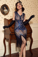 Load image into Gallery viewer, Queendancer Women Blue V Neck Sleeveless Sequins Glitter 1920s Bodycon Fringe Flapper Dress