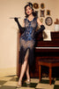 Load image into Gallery viewer, Sparkly Roaring 20s Black and Gold Sequin 1920s Flapper Dress