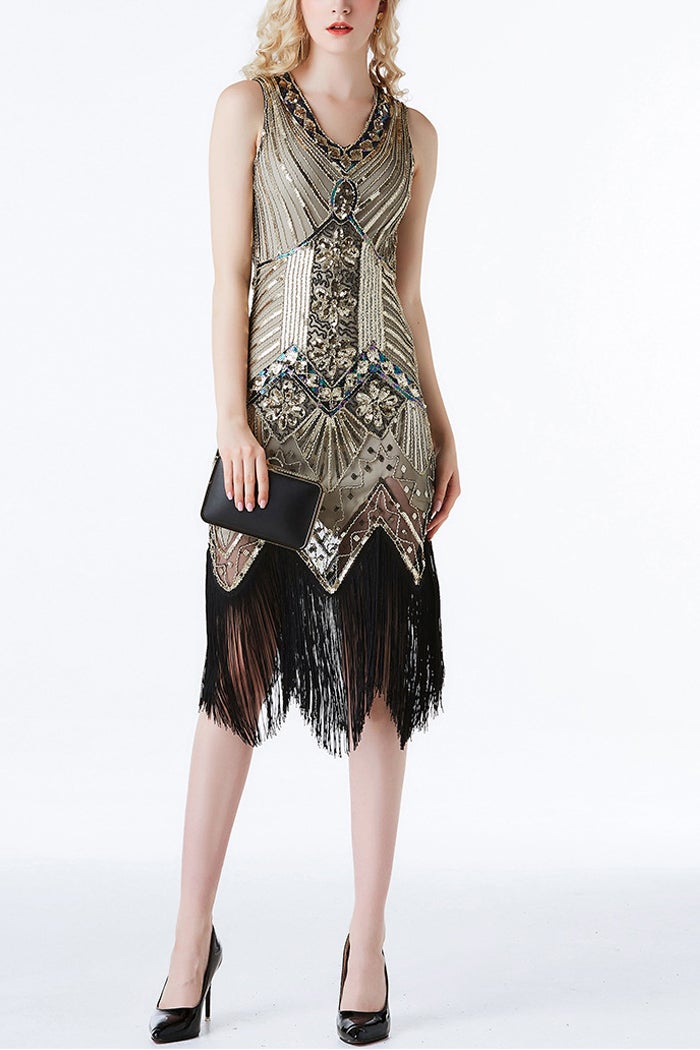 Load image into Gallery viewer, Black and Gold Sequin 1920s Dress