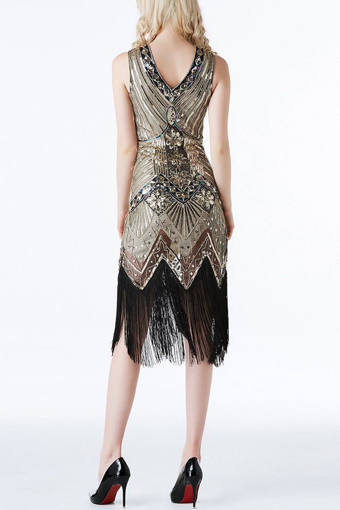 Load image into Gallery viewer, Sparkly Roaring 20s Black and Gold Sequin 1920s Flapper Dress