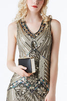 Load image into Gallery viewer, Gold Sparkly Sequin V-Neck 1920s Great Gatsby Dress