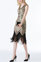 Load image into Gallery viewer, Sparkly Roaring 20s Black and Gold Sequin 1920s Flapper Dress