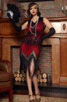 Load image into Gallery viewer, Queendancer Women Red V Neck Sleeveless Sequins Glitter 1920s Bodycon Fringe Flapper Dress
