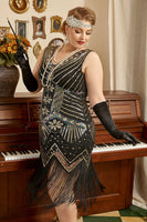 Load image into Gallery viewer, Sparkly Black 1920s Plus Size Beaded Sequins Flapper Dress