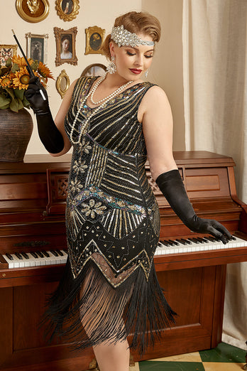 Queendancer Women 1920s Plus Size Dress Black V-Neck Beaded Sequins Gatsby Dress with Fringes – queendancer