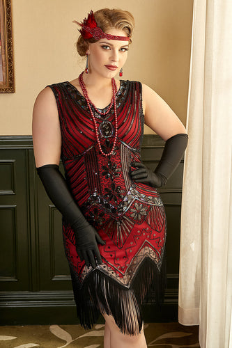 Queendancer Women Plus Size 1920s Flapper Dress Red Sequin Vintage Gatsby Dress with Fringes