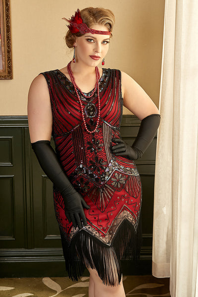 Queendancer Women Plus Size 1920s Flapper Dress Red Sequin Vintage Gatsby Dress with Fringes