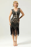 Queendancer Women Roaring 20s Black and Gold 1920s Dress Sequin Flapper Gatsby Dress with Fringes