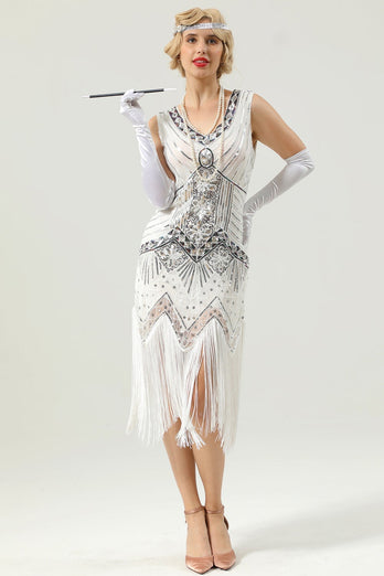 Queendancer Women Roaring 20s White 1920s Dress Sequin Flapper Gatsby Dress with Fringes