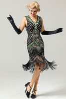 Load image into Gallery viewer, Queendancer Women Black Gold V Neck Sleeveless Sequins Glitter 1920s Bodycon Fringe Flapper Dress