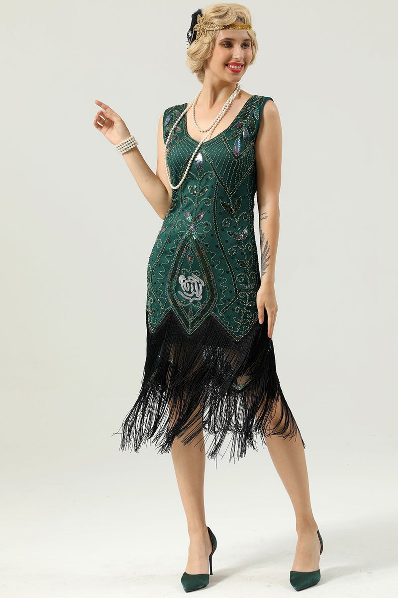 Load image into Gallery viewer, Black Sequins Glitter Fringe 1920s Dress