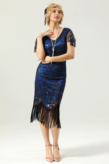 Royal Blue Sequin Fringe Flapper 1920s Dress