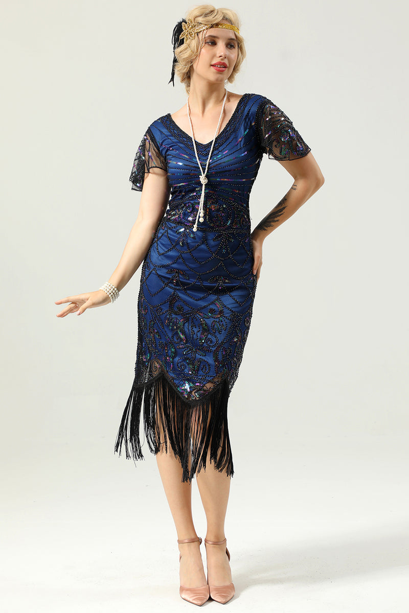 Load image into Gallery viewer, Royal Blue Sequin Fringe Flapper 1920s Dress