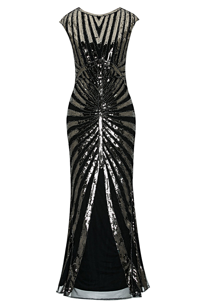 Load image into Gallery viewer, Black and Gold Mermaid 1920s Sequined Flapper Dress
