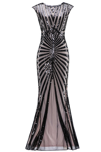 Black and Pink Mermaid 1920s Sequined Flapper Dress