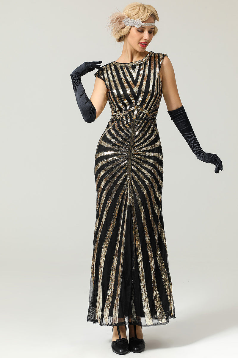 Load image into Gallery viewer, Black and Gold Mermaid 1920s Sequined Flapper Dress