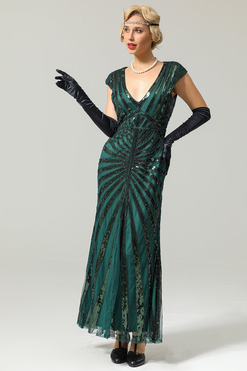 Load image into Gallery viewer, Black and Gold Mermaid 1920s Sequined Flapper Dress