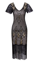 Load image into Gallery viewer, Black &amp; Gold Sequins 1920s Flapper Dress with 20s Accessories Set