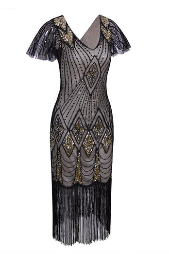 V Neck Black and Gold Sequin 1920s Fringe Dress