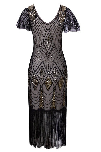 Black Sequin Midi Fringe Sequin Dress